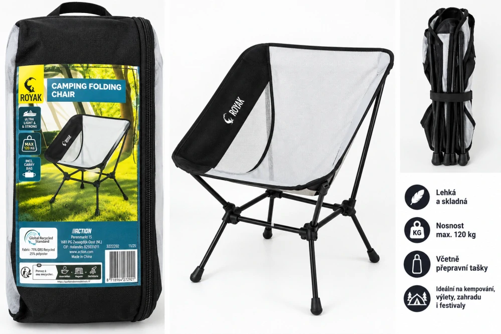 ROYAK Camping Folding Chair – ultralehká skládací kempingová židle s pouzdrem, nosnost 120 kg
