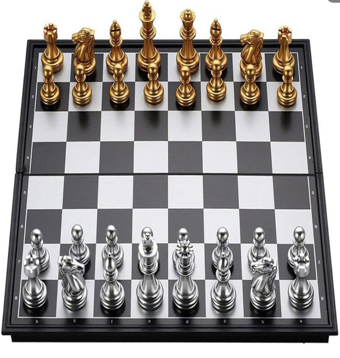Magnetické metalické zlato-stříbrné šachy 25×25 cm