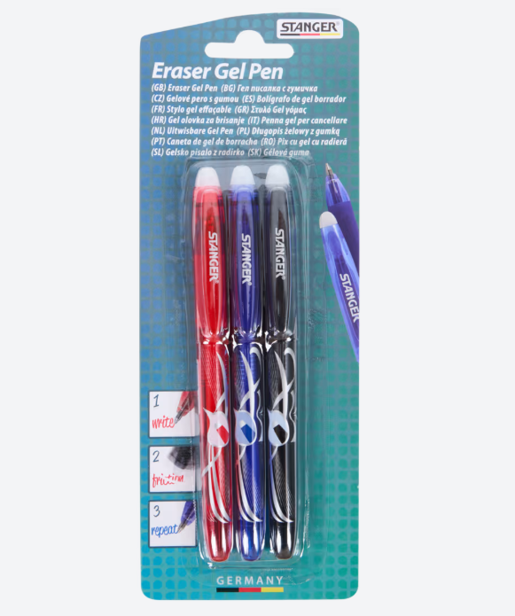 Gelové mazací pero s gumou, sada 3ks