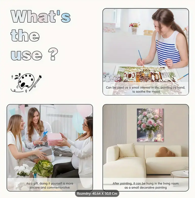 Malování podle čísel, Růže ve skleněné váze, 40x50 cm