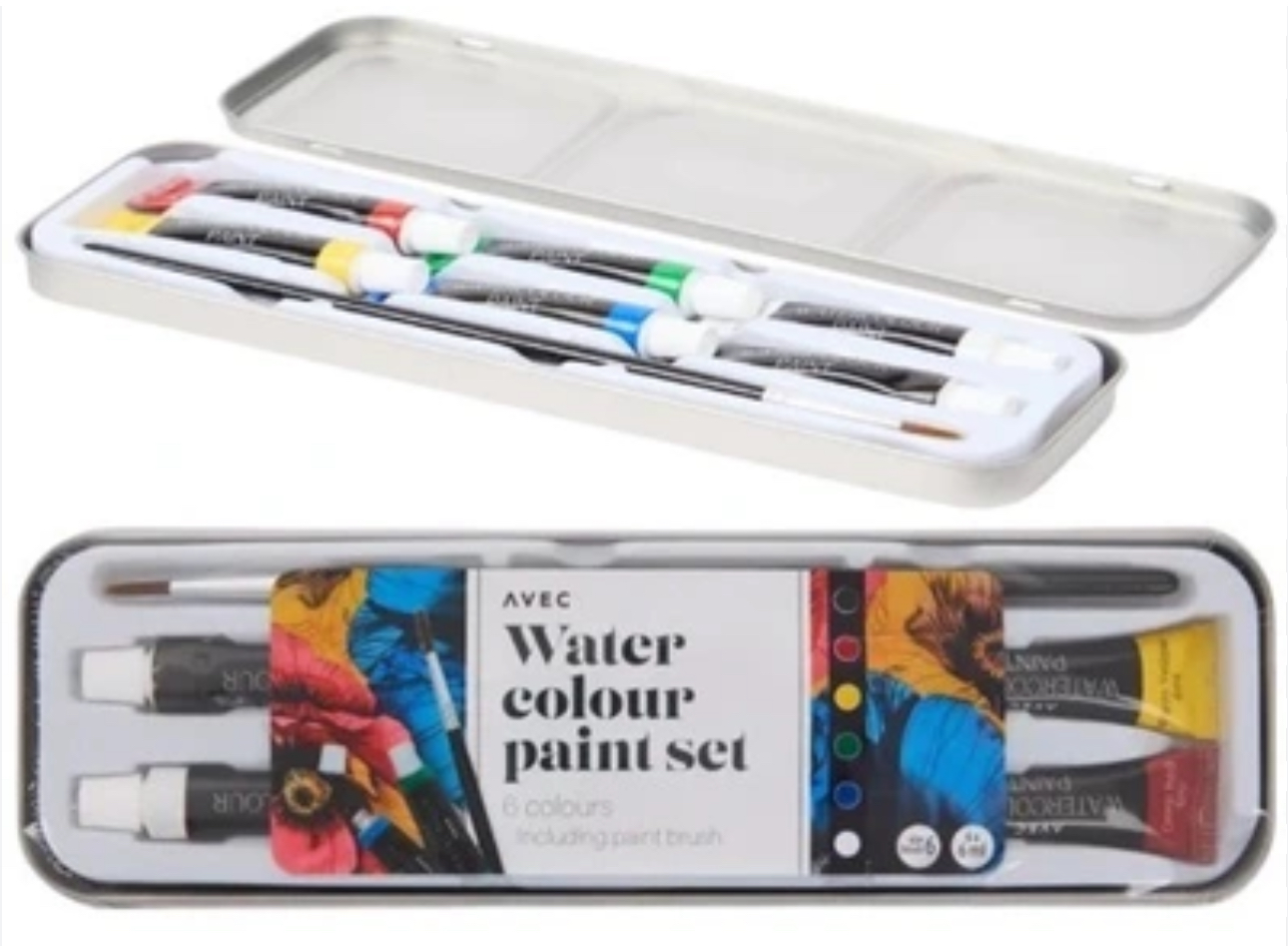 Sada akvarelových barev AVEC – 6 barev + štětec v kovovém pouzdře