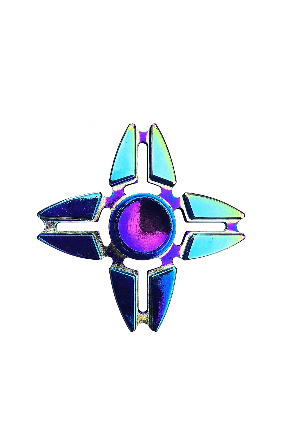 Kovový fidget spinner duhový čtyřramenný v dárkovém pouzdře 