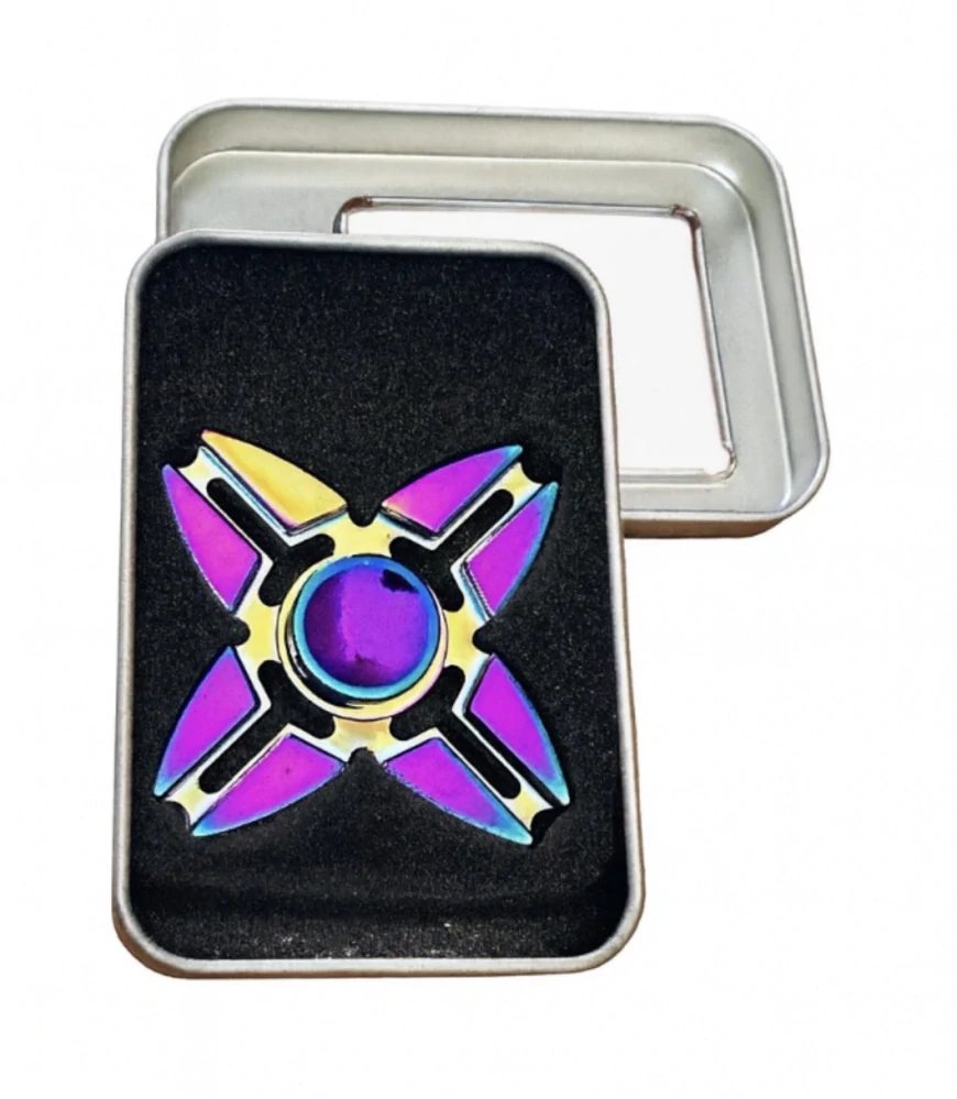 Kovový fidget spinner – duhový čtyřramenný v pouzdře
