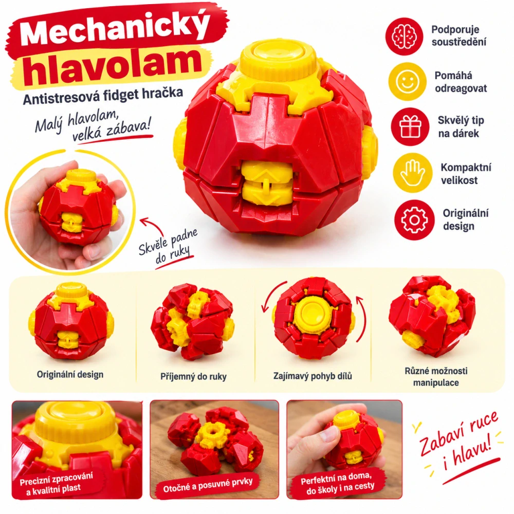 Mechanický hlavolam – antistresová fidget hračka červeno-žlutá