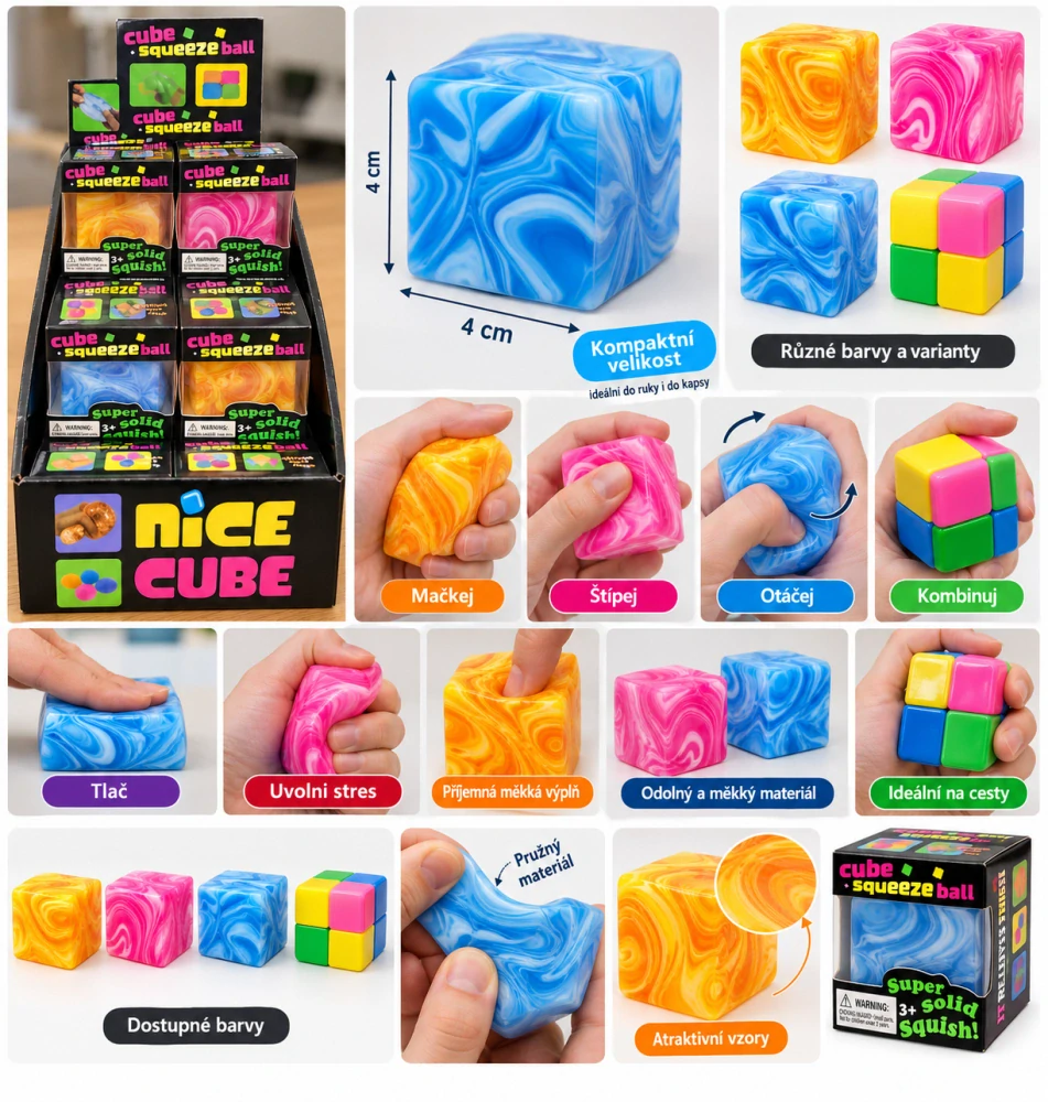 Antistresová mačkací kostka Cube Squeeze Ball – barevná