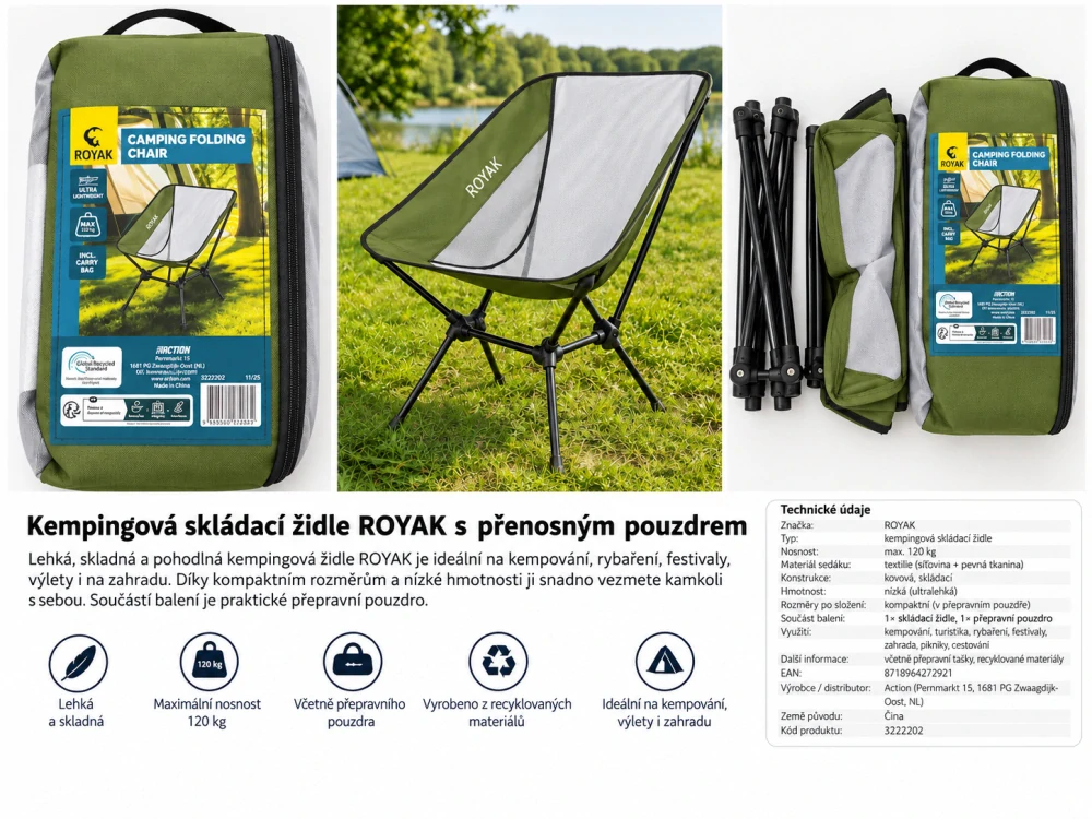 ROYAK Camping Folding Chair – ultralehká skládací kempingová židle s pouzdrem, nosnost 120 kg