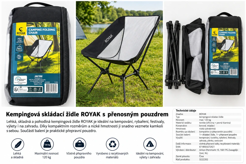 ROYAK Camping Folding Chair – ultralehká skládací kempingová židle s pouzdrem, nosnost 120 kg
