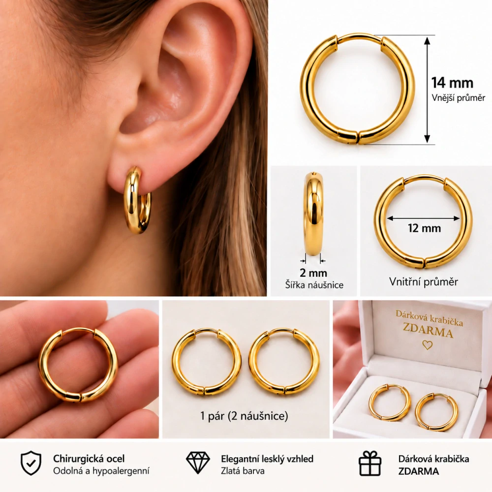 Kruhové náušnice z chirurgické oceli ve zlaté barvě – 14mm
