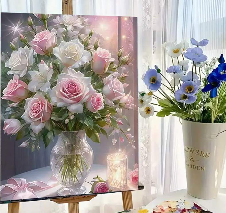 Malování podle čísel, Růže ve skleněné váze, 40x50 cm