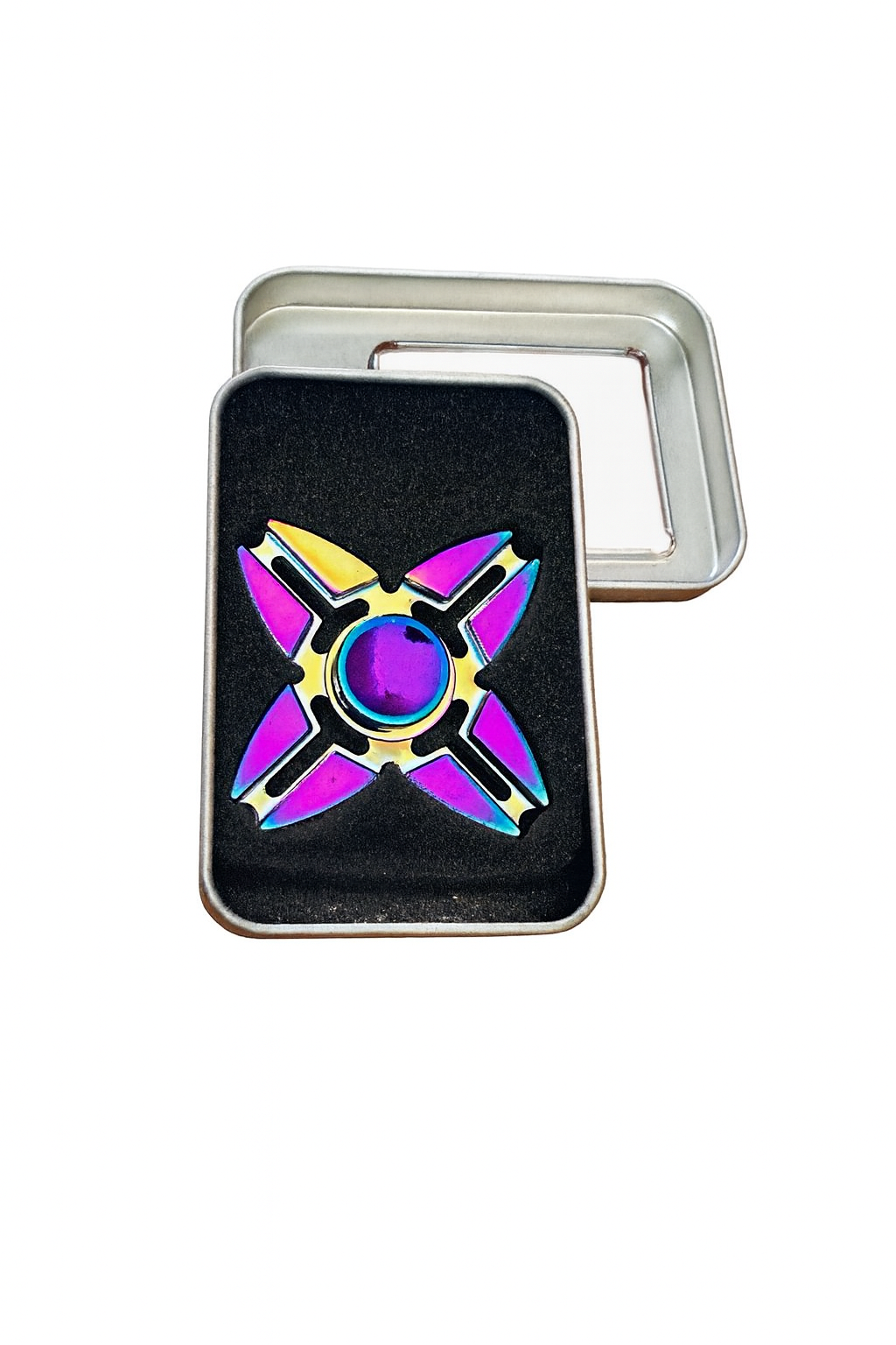 Kovový fidget spinner duhový čtyřramenný v dárkovém pouzdře 