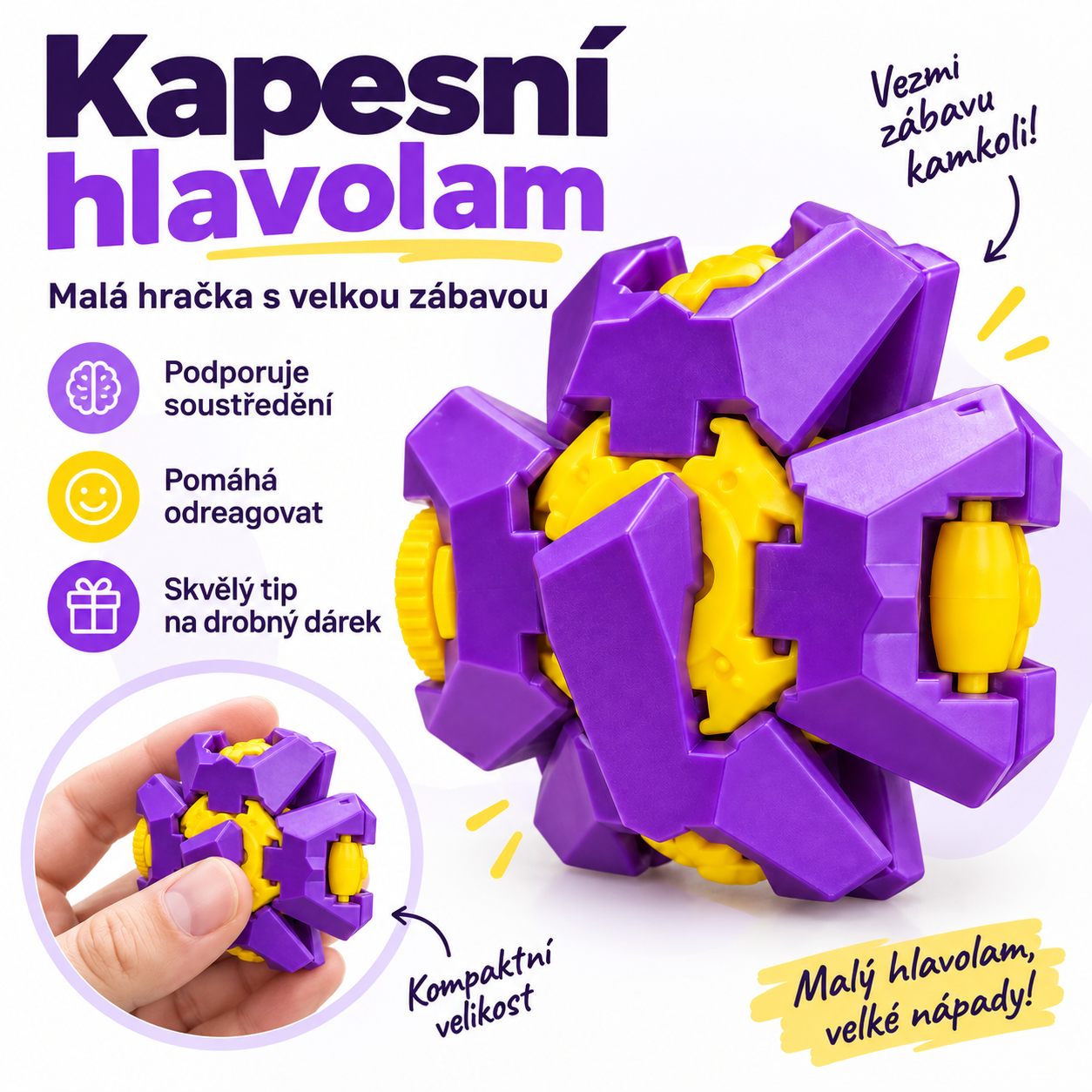 Mechanický hlavolam – antistresová fidget hračka fialovo-žlutá