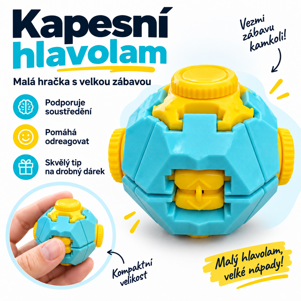 Mechanický hlavolam – antistresová fidget hračka modro-žlutý