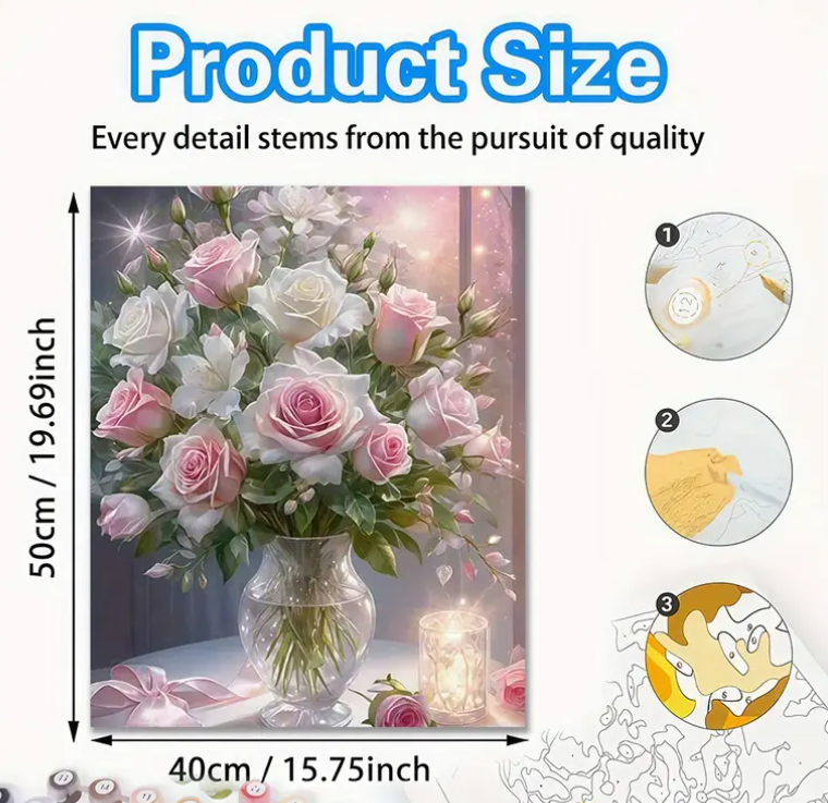 Malování podle čísel, Růže ve skleněné váze, 40x50 cm