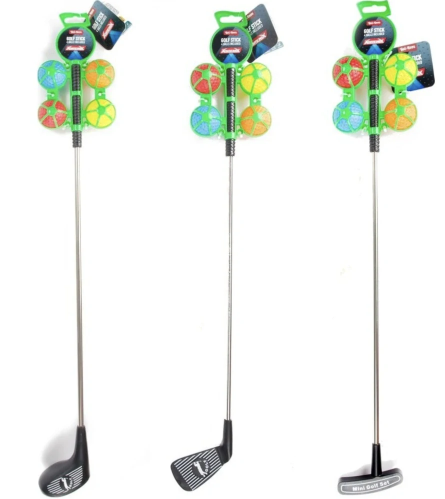 Golfová hůl 60cm + 4 barevné míčky dětský golfový set 3 druhy kov/plast