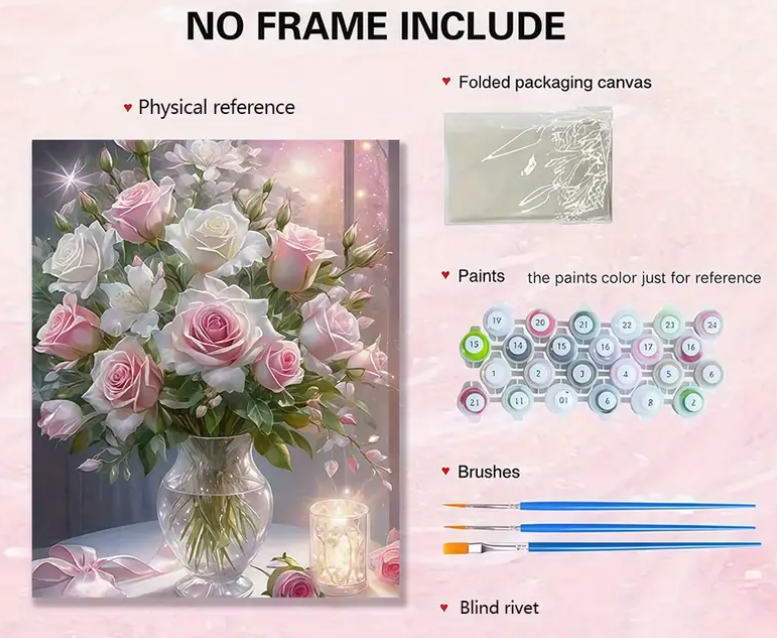 Malování podle čísel, Růže ve skleněné váze, 40x50 cm