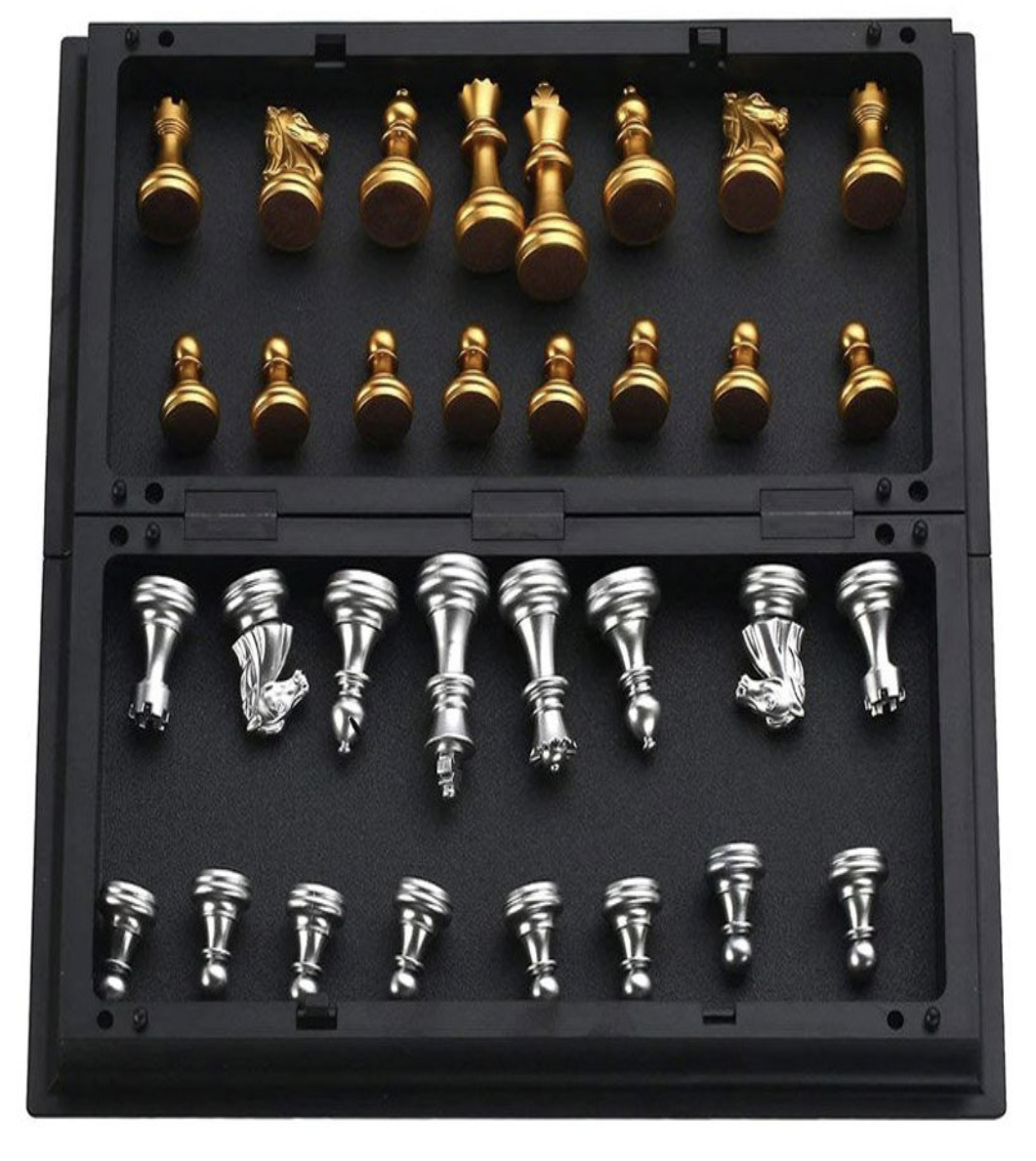 Magnetické metalické zlato-stříbrné šachy 25×25 cm