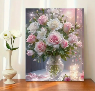 Malování podle čísel, Růže ve skleněné váze, 40x50 cm