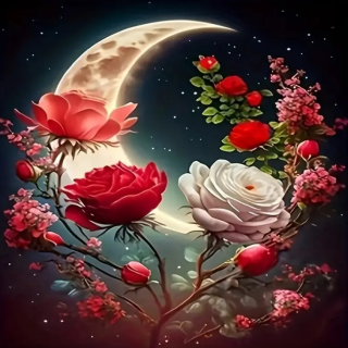 5D diamantové malování, Měsíc a růže,  20x20 cm