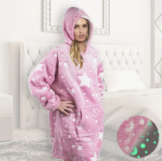 Svítící fleecová deka se rukávy – Starry Night (Glow-in-the-Dark) růžová