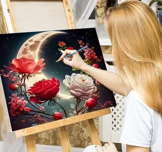 5D diamantové malování, Měsíc a růže, 20x20 cm