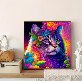 5D diamantové malování, Barevná kočka, 20x20 cm